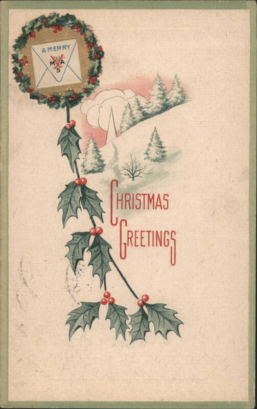 Christmas Greetings with Holly, Wreath, and Snowy Landscape