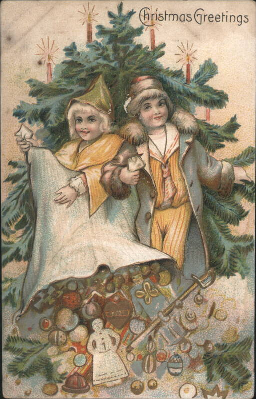 Christmas Greetings Children by Tree with Toys