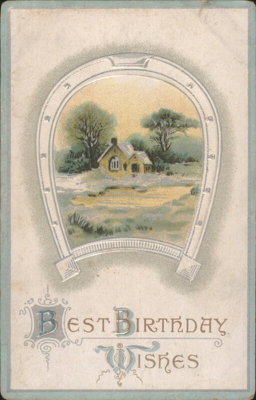 Best Birthday Wishes with Horseshoe Frame and Rural House Scene