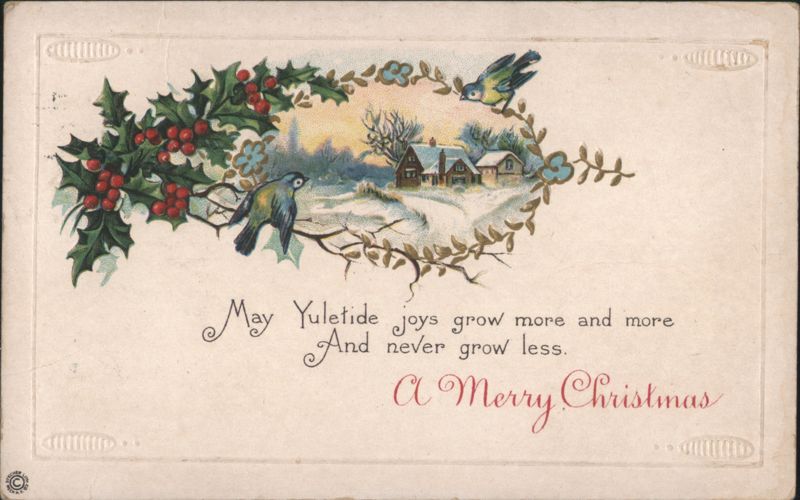 Merry Christmas Winter Scene with Birds, Holly, and Snow-Covered House