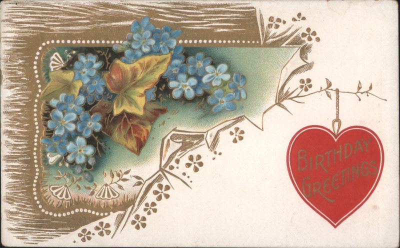 Birthday Greetings Red Heart Forget-Me-Not Flowers Embossed Gold Border
