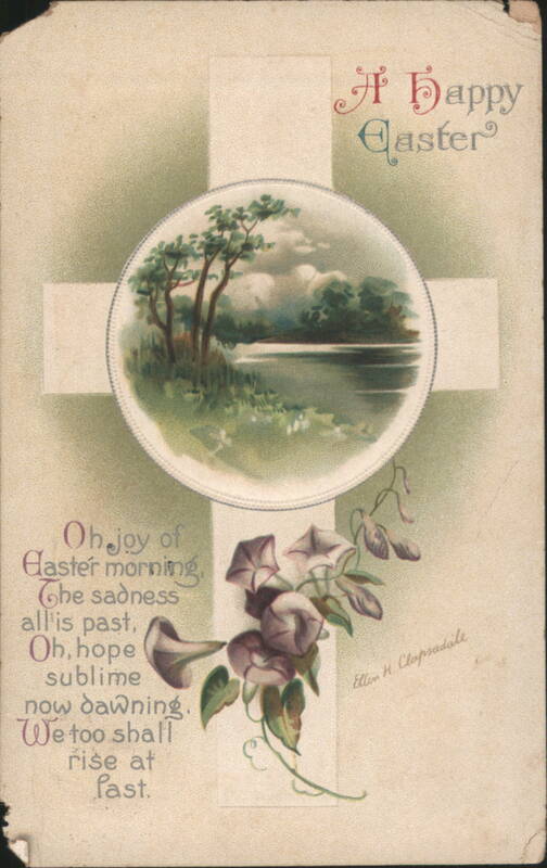 A Happy Easter with Cross, Lake, Trees, and Morning Glory Flowers