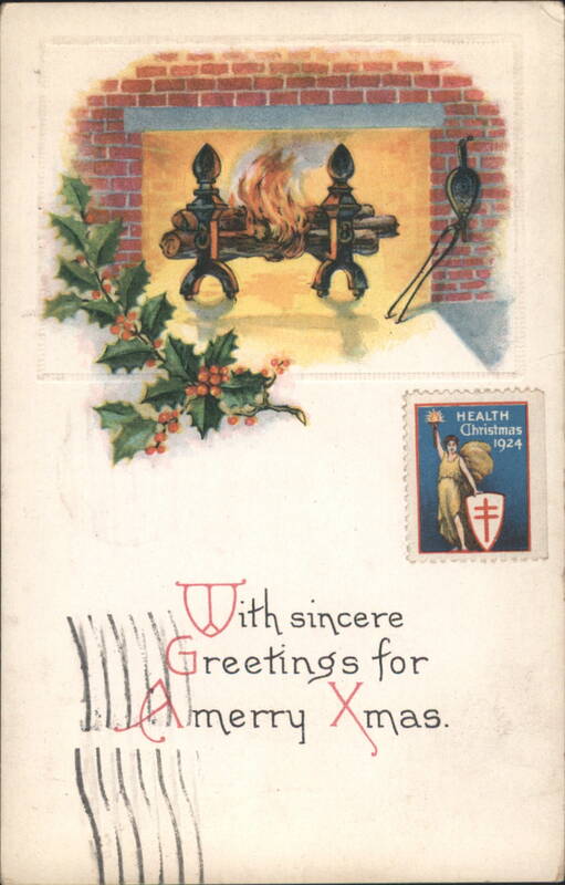 Christmas Fireplace Scene with Holly and 1924 Health Stamp Greeting