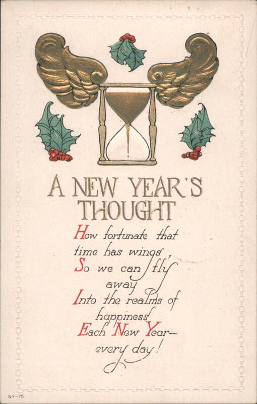 New Year's Thought with Winged Hourglass and Holly
