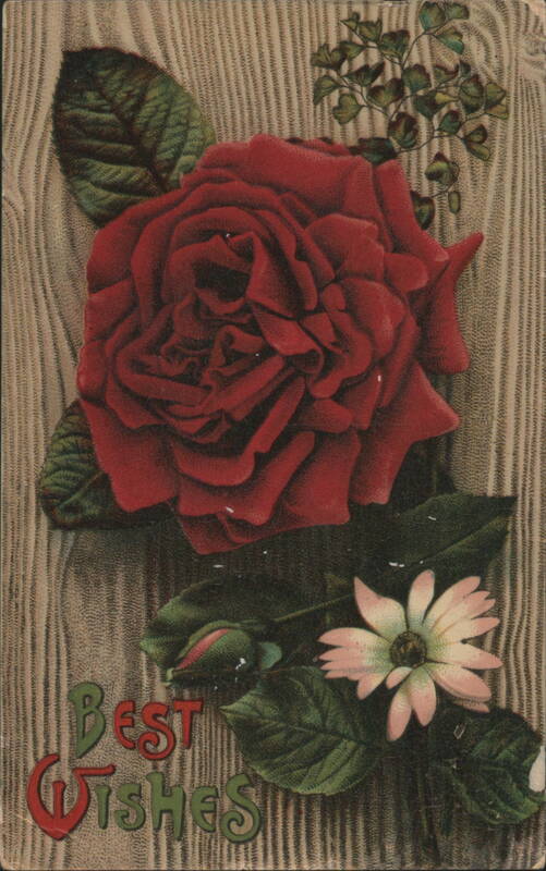 Red Rose with Green Leaves and 'Best Wishes' on Wood Grain Background