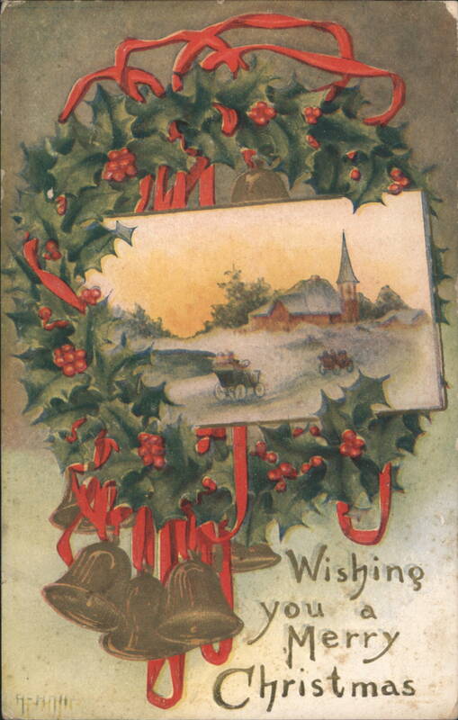 Christmas Wreath with Bells and Winter Village Scene, Wishing you a Merry Christmas