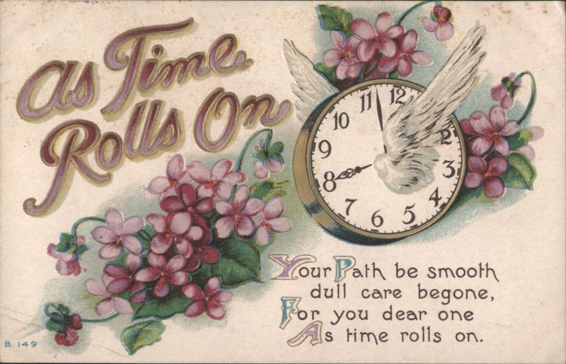 As Time Rolls On Winged Clock & Flowers with Poem Clocks & Watches