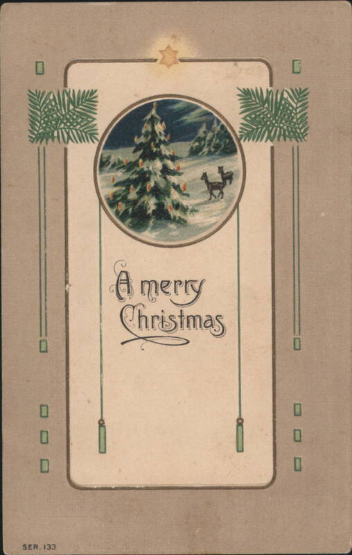 A Merry Christmas Greeting with Decorated Tree and Deer in Snowy Landscape
