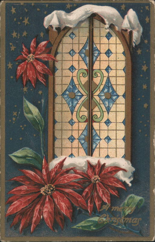 Christmas Poinsettias & Stained Glass Window with Snow, A Merry Christmas