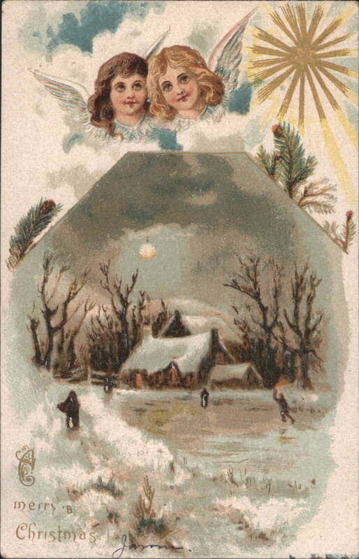 Angels above a Snowy Winter Scene with Ice Skaters - Merry Christmas