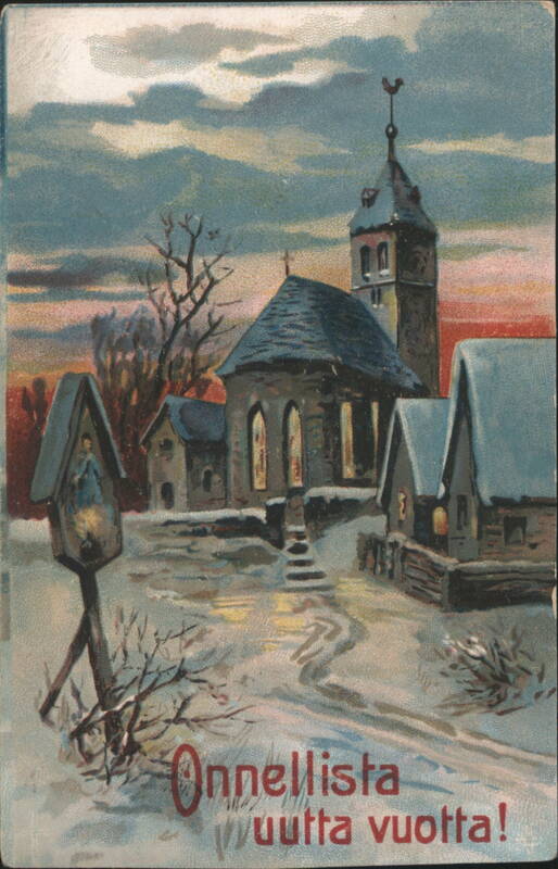 Winter Village Church, Snow, Finnish Happy New Year Greeting