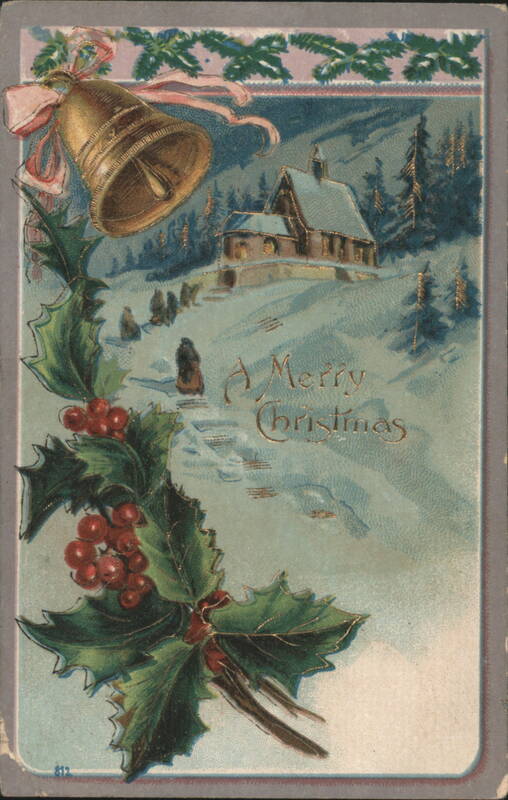 A Merry Christmas Snowy Church Scene with Holly and Bell