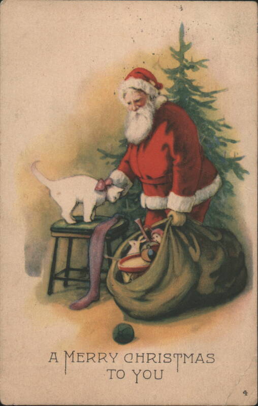 Santa Claus with White Cat and Christmas Tree, pulling stocking from sack
