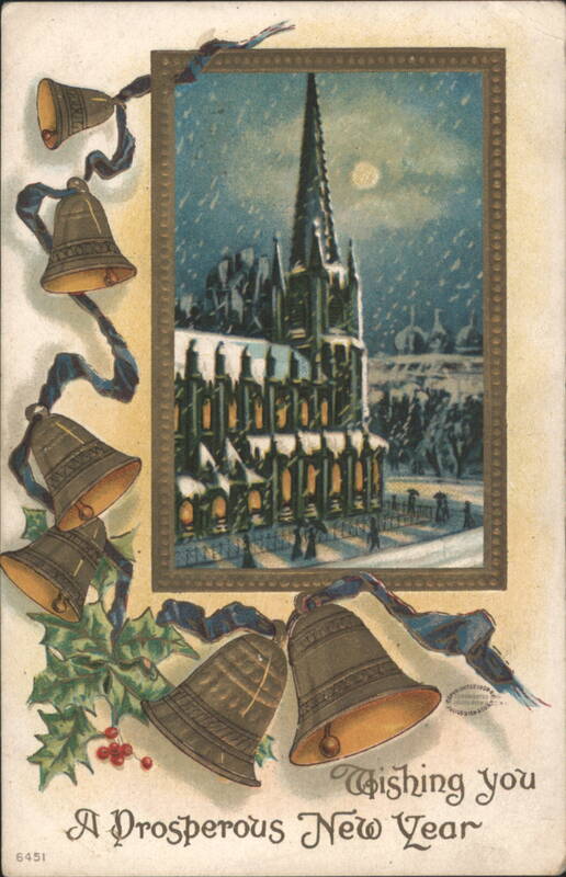 Snow-covered Cathedral with Bells and Holly, New Year's Greeting