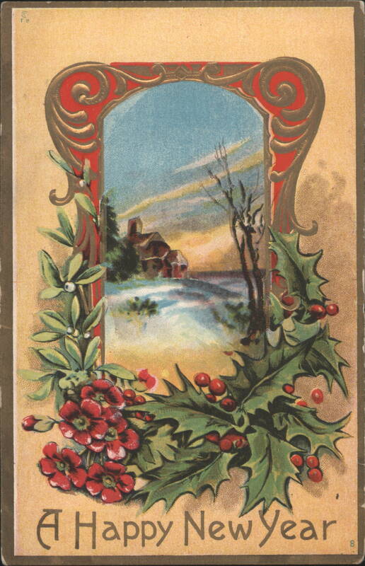 Happy New Year Winter Landscape with Holly and Decorative Frame