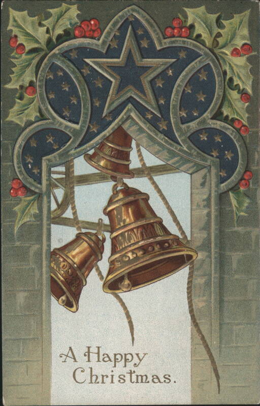 Christmas Bells, Holly, and Star with 'A Happy Christmas' Greeting