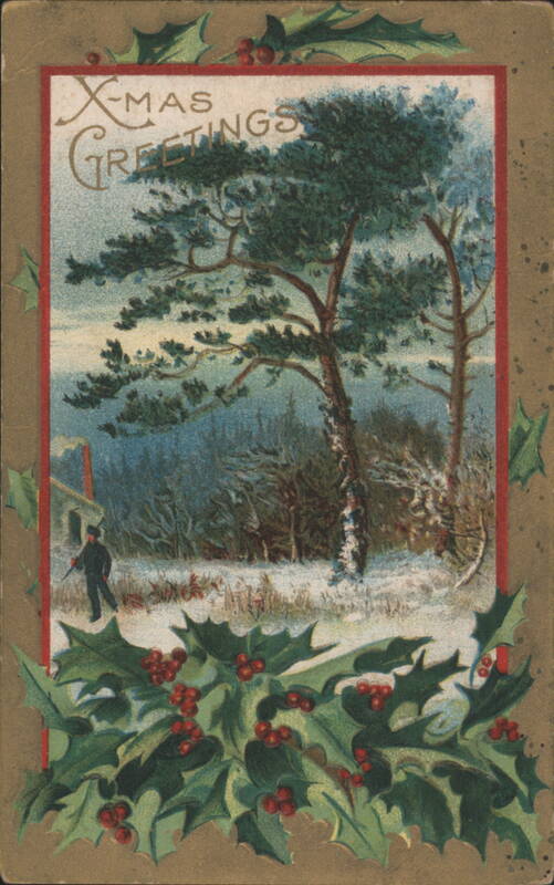 X-MAS GREETINGS Winter Scene with Snow-Covered Trees and Holly