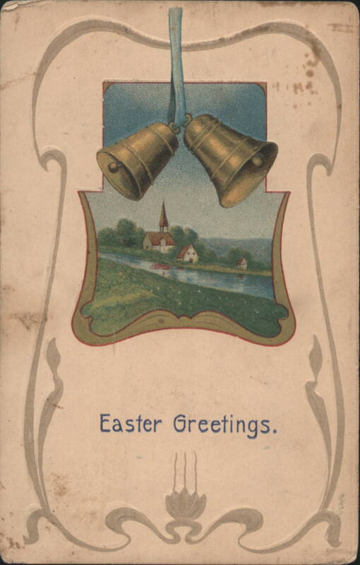 Easter Greetings with Bells and Village Scene