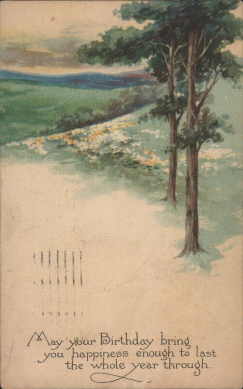 Birthday Greeting with Watercolor Landscape and Trees