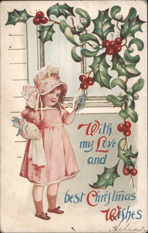 Girl in Pink Dress with Doll and Holly, Christmas Wishes