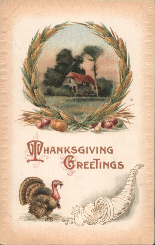 Thanksgiving Greetings, Turkey, Cornucopia, Farmhouse Scene