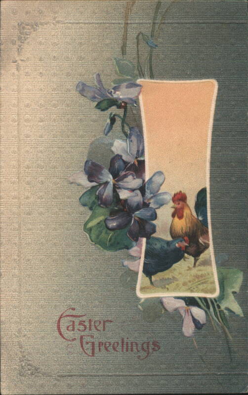 Easter Greetings with Roosters and Violets