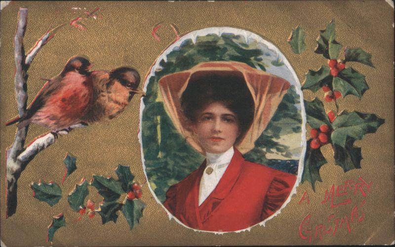 Woman in Red, Birds, and Holly with A Merry Christmas Greeting