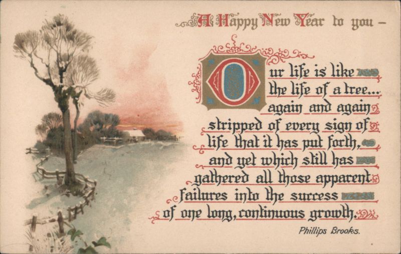 Happy New Year Greeting with Tree and Phillips Brooks Quote