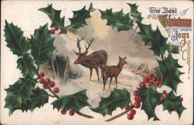 Christmas Joys with Deer in Snowy Landscape Framed by Holly