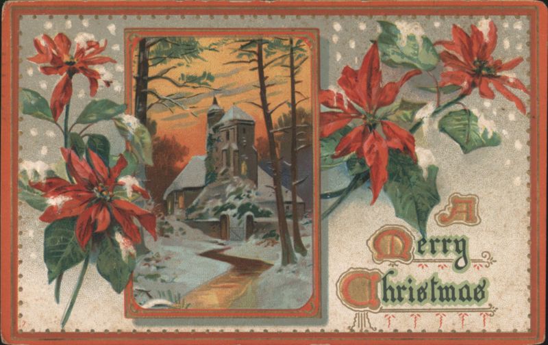 Poinsettias and Snowy Winter Village for Christmas