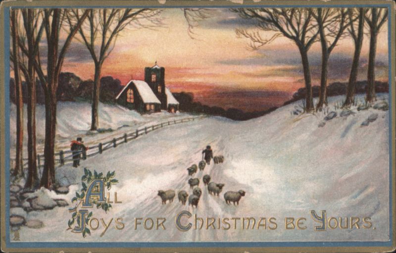 Snowy Winter Landscape, Shepherd Herding Sheep, Christmas Greeting