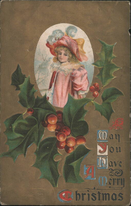 Young Girl in Pink Dress and Hat with Holly, Merry Christmas Greeting