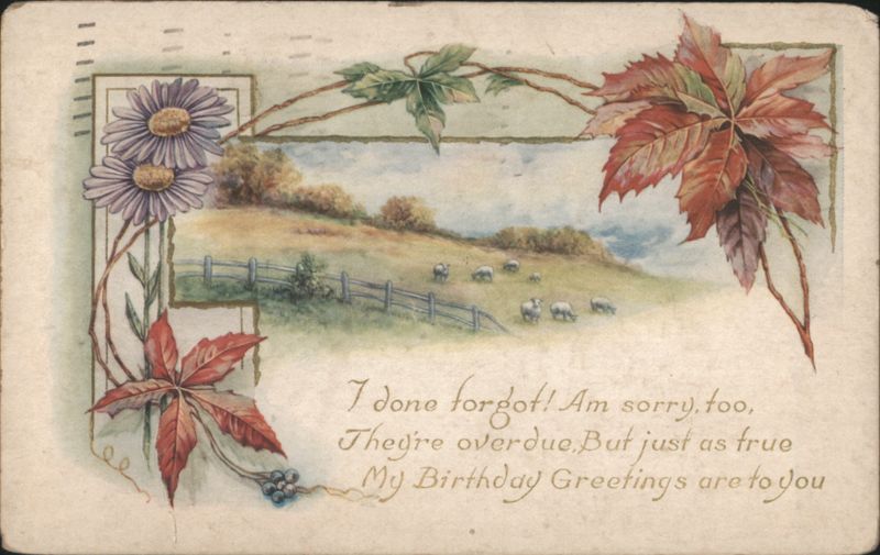 Birthday Greetings with Daisies, Autumn Leaves, and Sheep Pastoral Scene