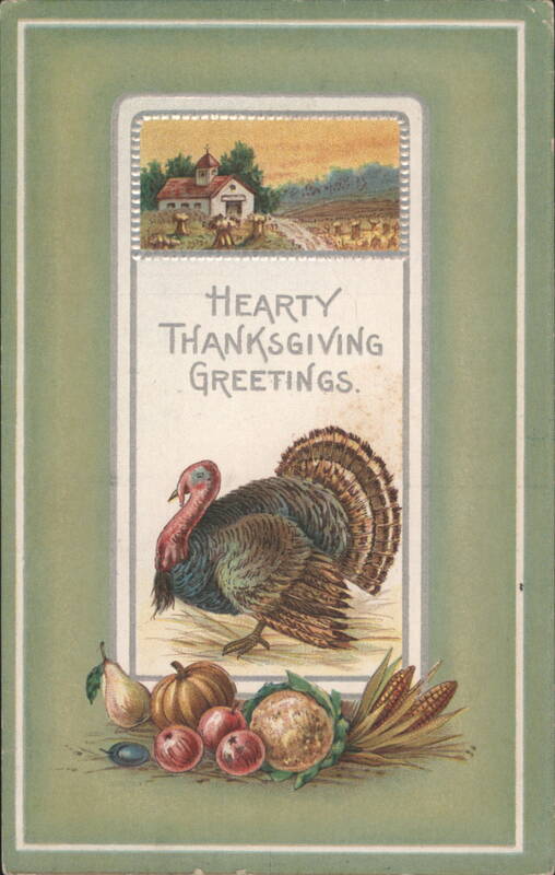 Hearty Thanksgiving Greetings with Turkey, Farm, and Harvest