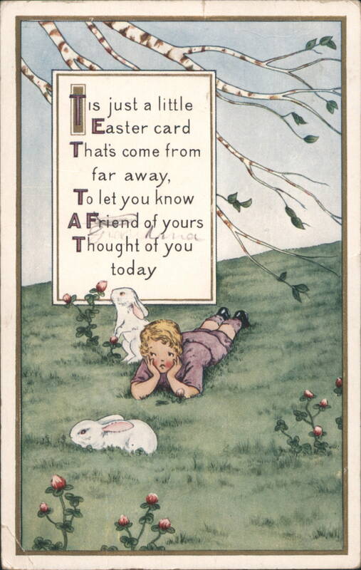 Child with Bunnies in Clover Field, Easter Card with Birch Trees