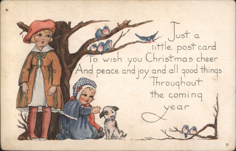 Children, Dog, Birds in Tree with Christmas & New Year Greeting