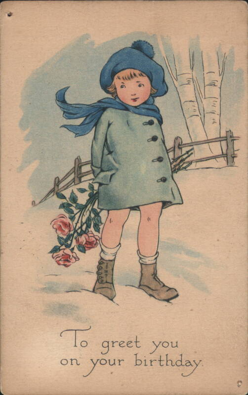 Young Girl in Blue Coat with Roses in Snow, Birthday Greeting