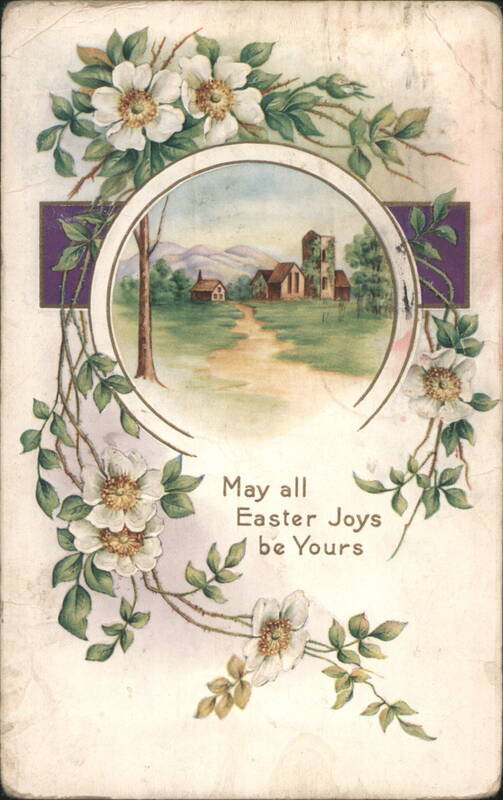 Easter Greeting with White Roses and Rural Church Landscape