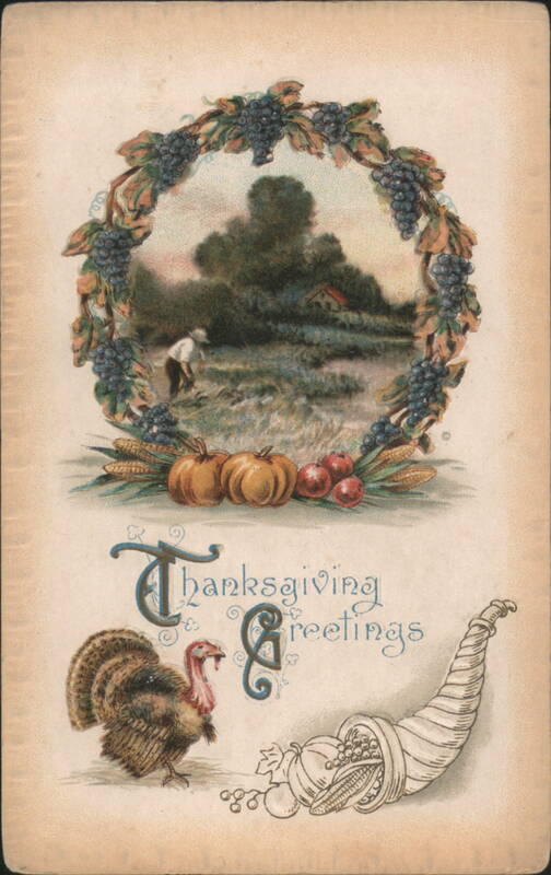 Thanksgiving Greetings with Farmer, Turkey, Pumpkins & Cornucopia