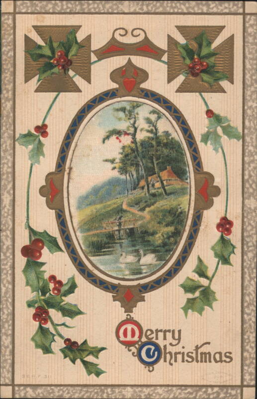 Merry Christmas Greeting with Holly, Berries, and Scenic Landscape Vignette