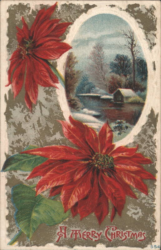Poinsettias and Winter Landscape, A Merry Christmas Greeting