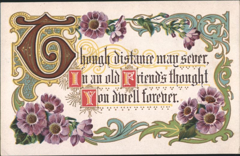 Friendship Motto with Ornate Lettering, Purple Flowers and Scrollwork