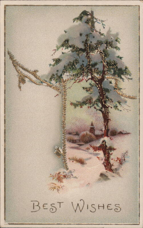Snow-Covered Pine Tree with Golden Garland, Winter Village, Best Wishes