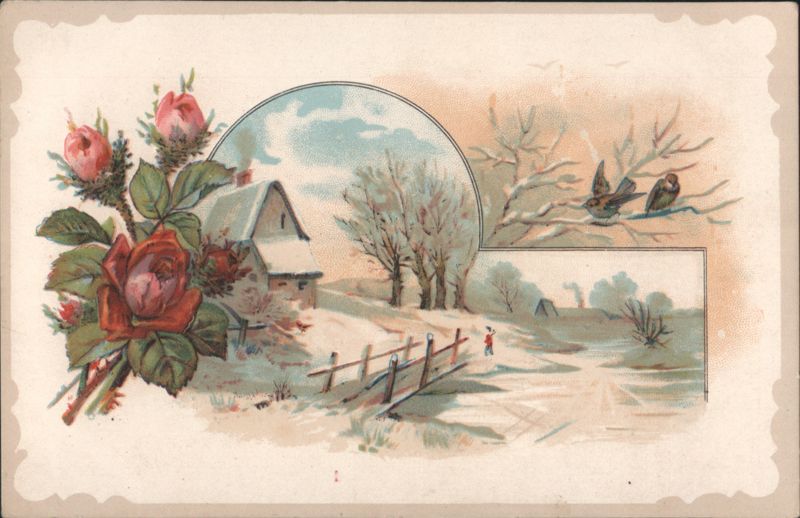 Winter Scene with Snow, House, Birds, and Red Roses