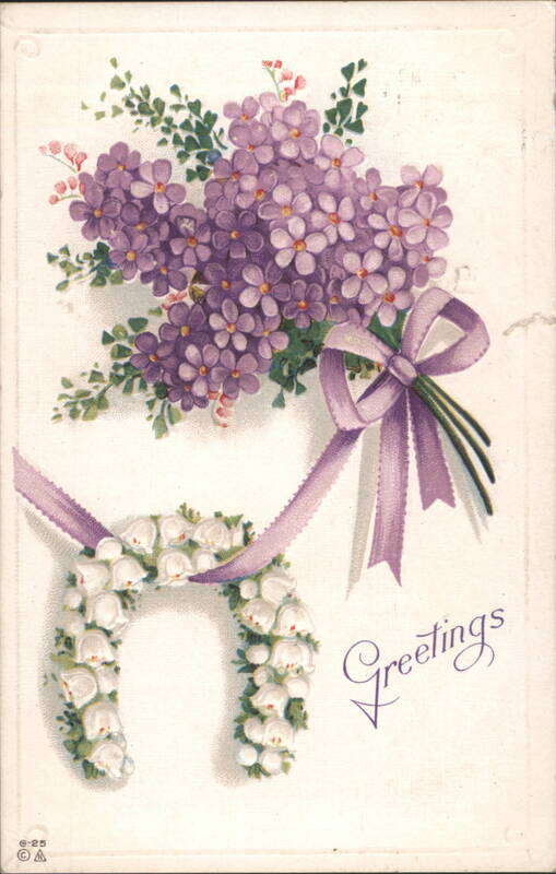 Purple Flowers Bouquet & White Horseshoe Wreath with Greetings