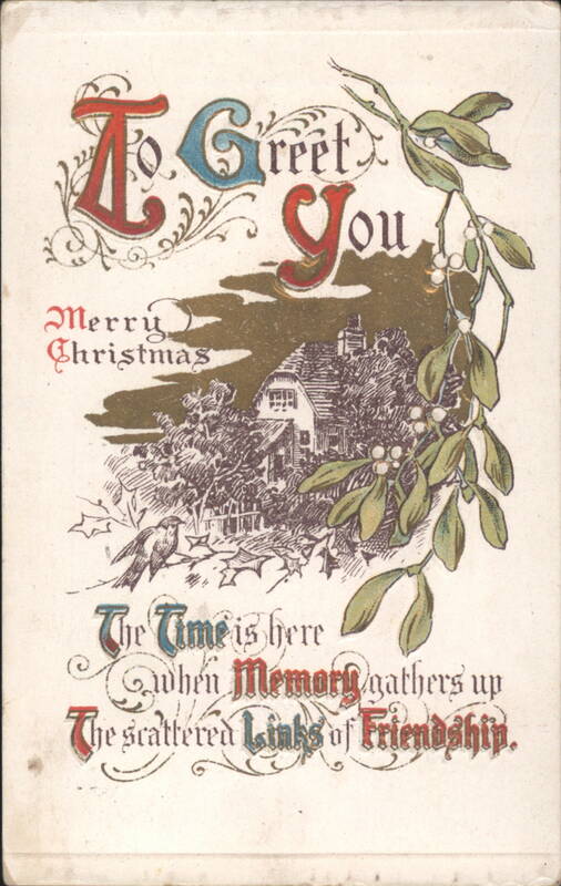 Merry Christmas Greeting with Mistletoe and Winter House