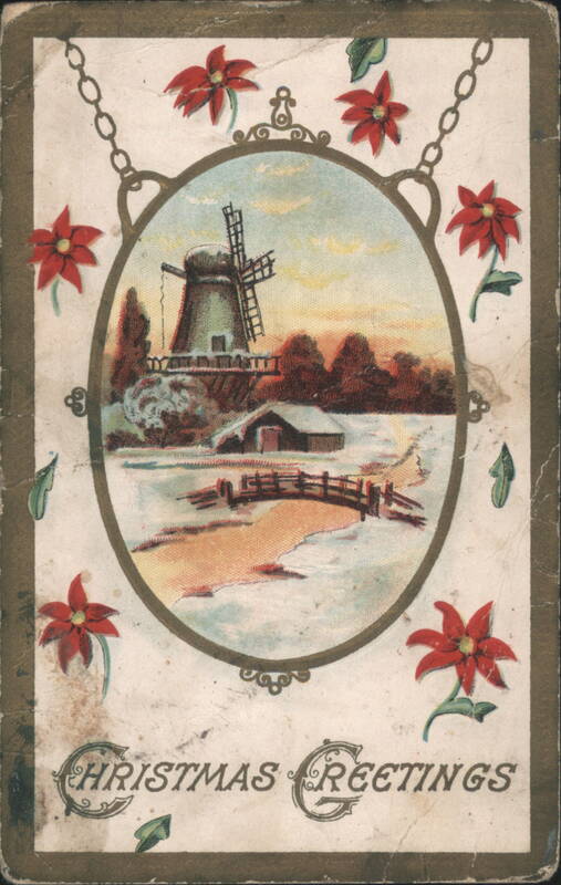 Christmas Greetings Windmill Winter Scene with Poinsettias