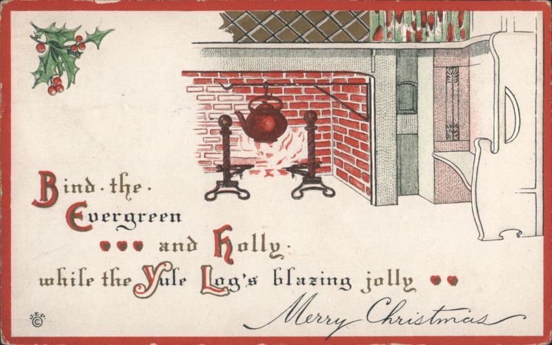 Christmas Fireplace with Yule Log, Holly, and Festive Greeting