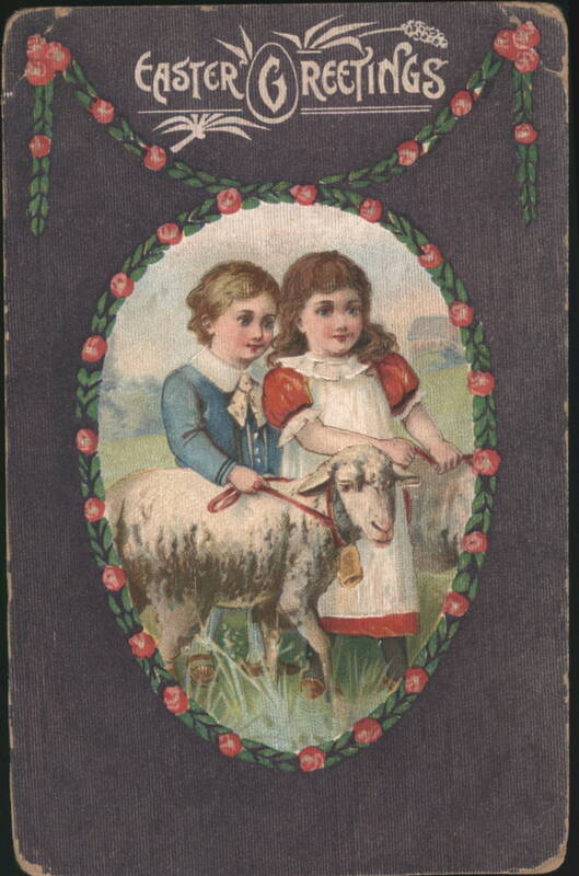 Easter Greetings with Children, Lamb, and Roses With Lambs