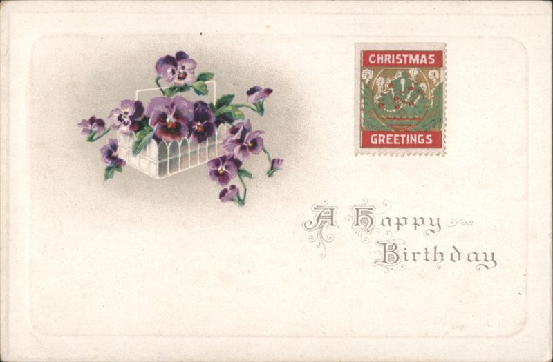 Pansies in Basket, Happy Birthday with Christmas Greetings Stamp